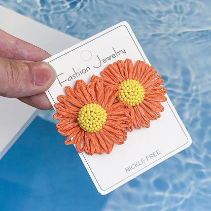 Skorter | Bohemian Raffia Flower Bead Rattan Knit Colorful Earrings