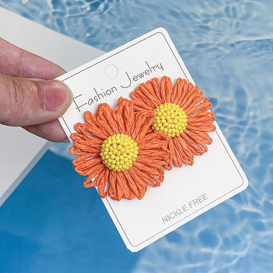 Skorter | Bohemian Raffia Flower Bead Rattan Knit Colorful Earrings