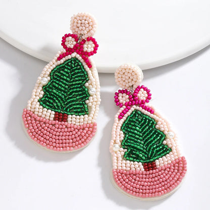 Skorter | Women'S Pink Theme Hand-Beading Christmas Tree Earrings