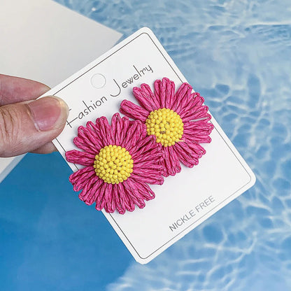 Skorter | Bohemian Raffia Flower Bead Rattan Knit Colorful Earrings