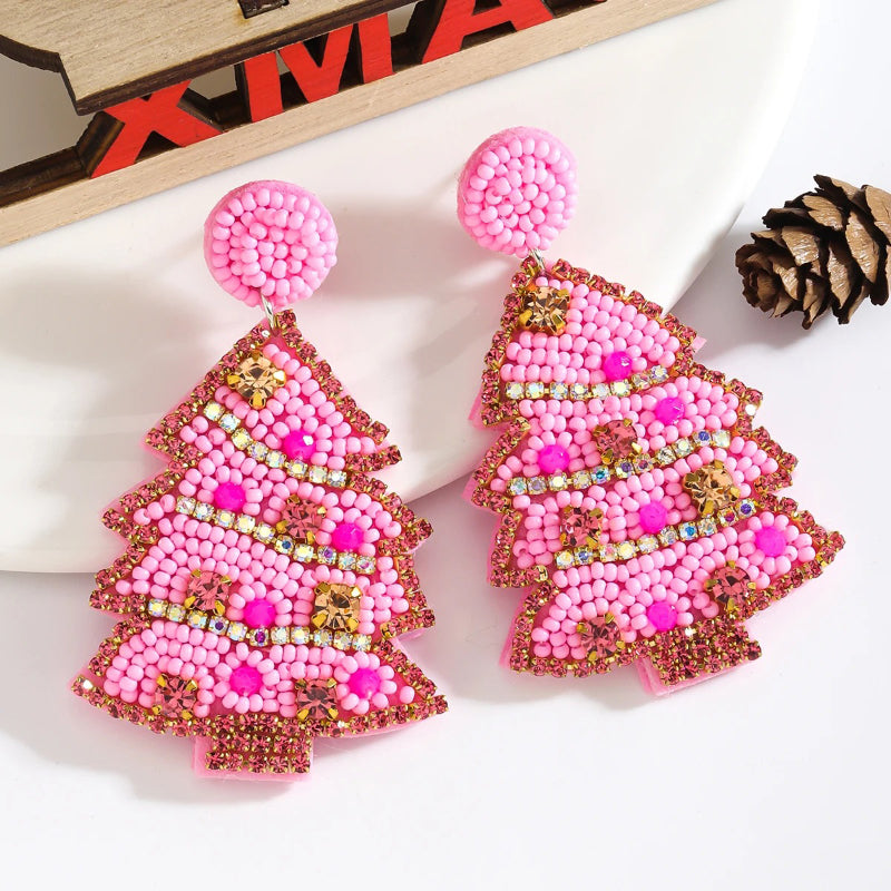 Skorter | Women'S Pink Theme Hand-Beading Christmas Tree Earrings