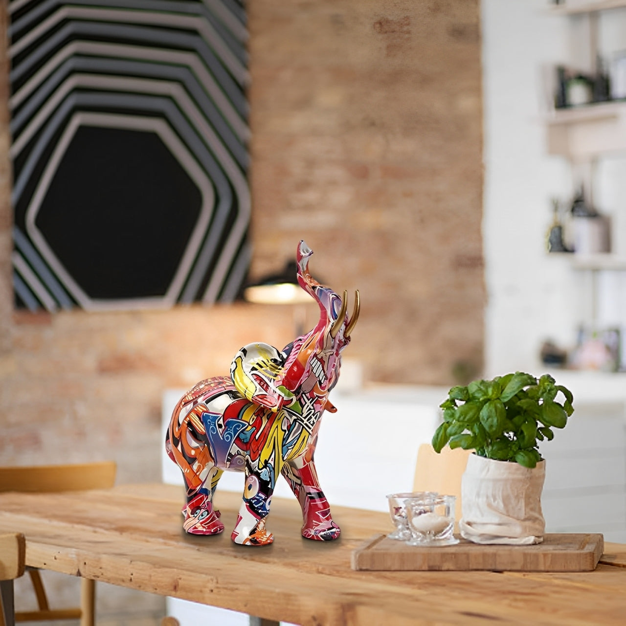 Skorter | Abstract Elephant Statue – Colourful African Design with Raised Trunk for Good Luck