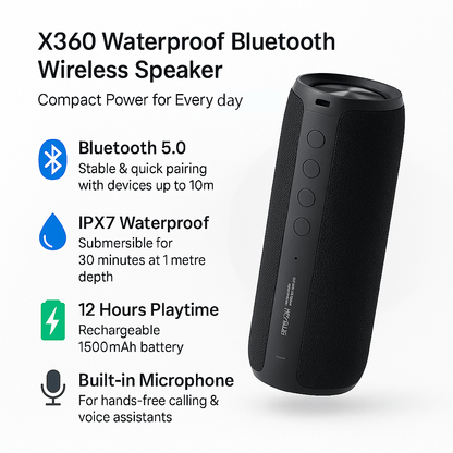 Skorter | Best Waterproof Bluetooth Wireless Speaker x360 Compact Small