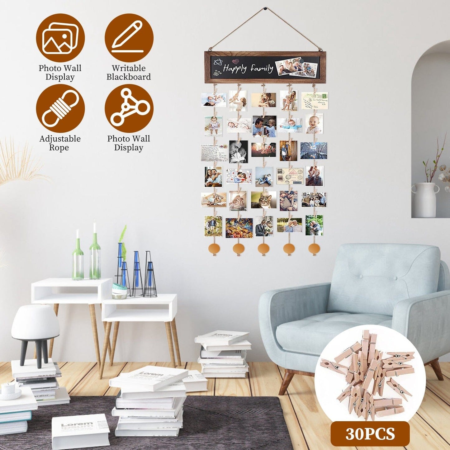 Skorter | Three Hanging Picture Frame Display String Ribbons with 30 Clips Writable Board