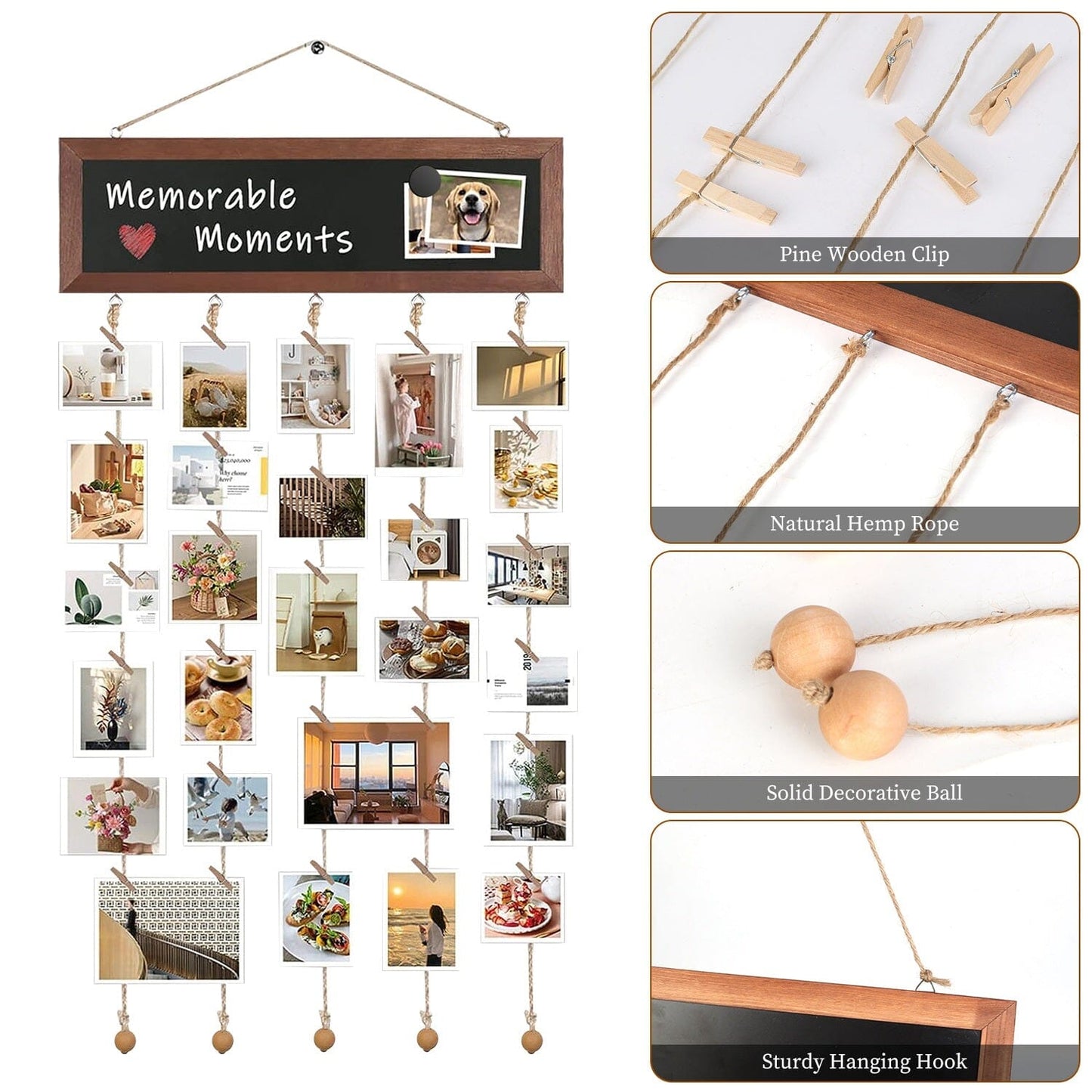 Skorter | Three Hanging Picture Frame Display String Ribbons with 30 Clips Writable Board