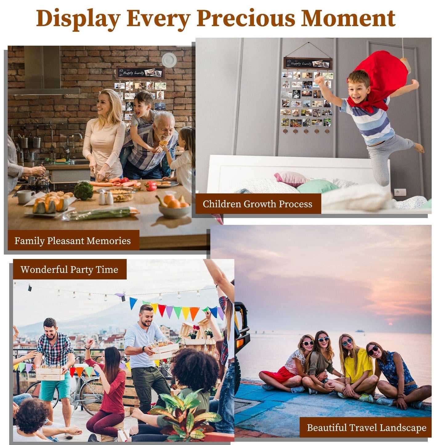 Skorter | Three Hanging Picture Frame Display String Ribbons with 30 Clips Writable Board