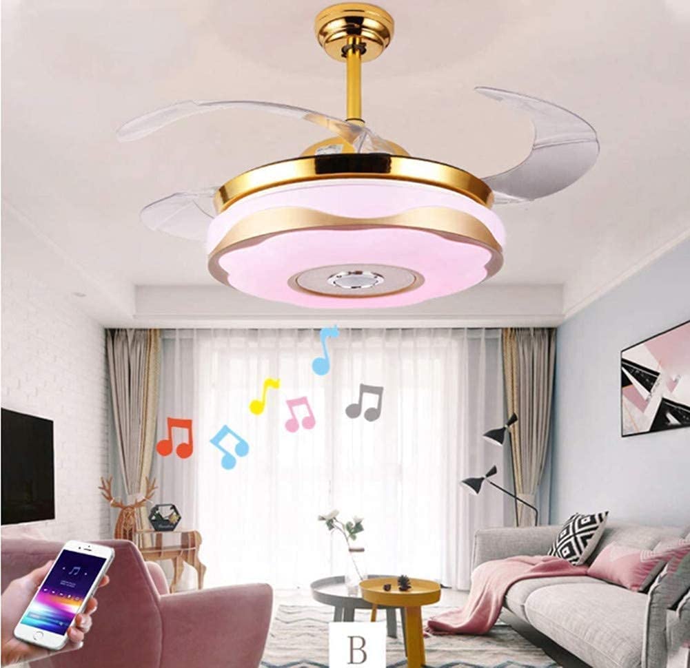Retractable ceiling fan with Bluetooth speaker and remote control in gold finish